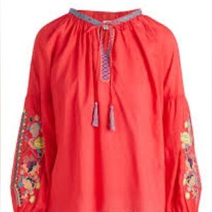 Raj Red Embroidered Boho Blouse Size M Made in India Tassel Top